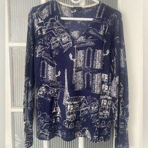 Talbots Navy Paris Scene V-Neck Merino Wool Sweater